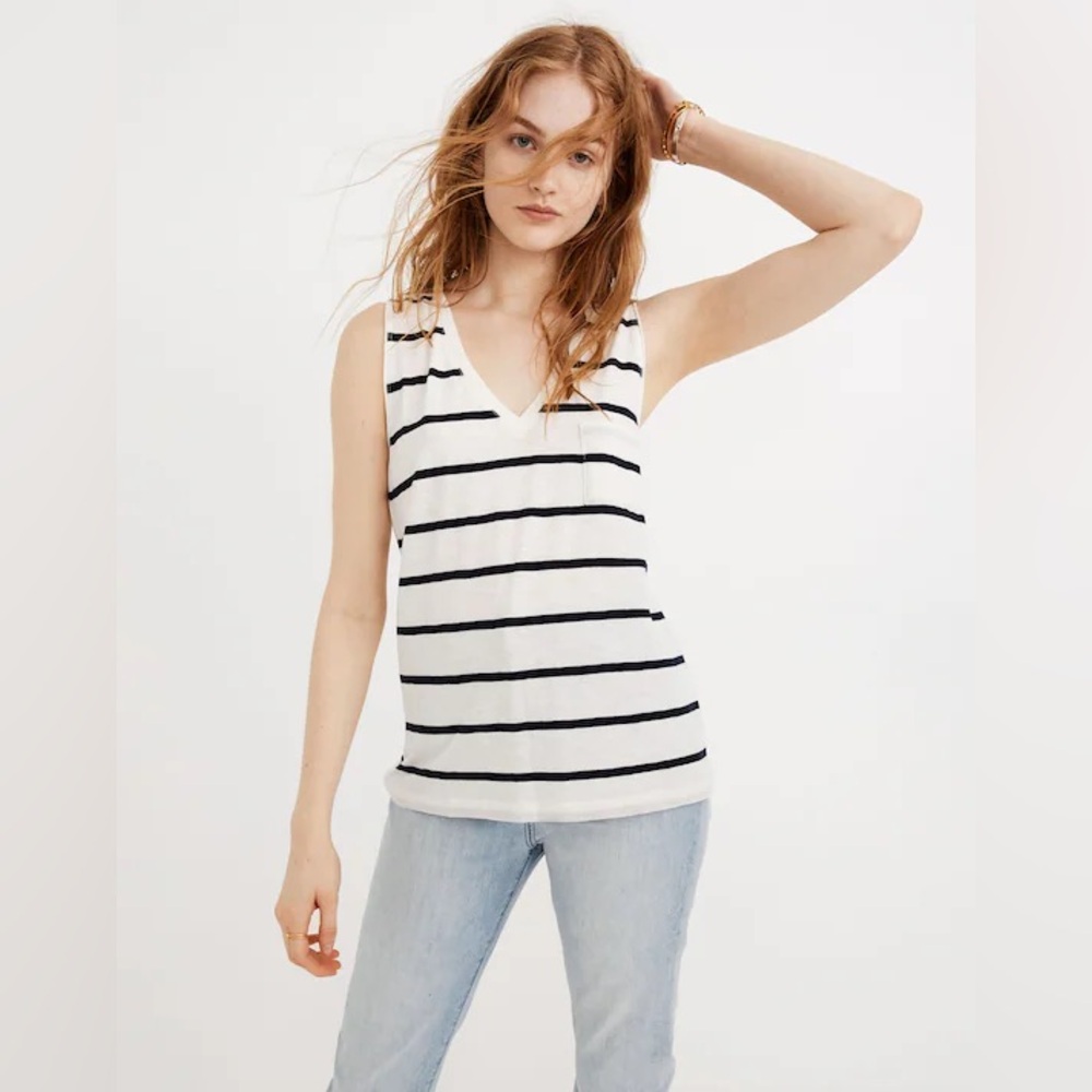 Madewell Whisper Cotton V-Neck Pocket Tank in Creston Stripe - Size Small